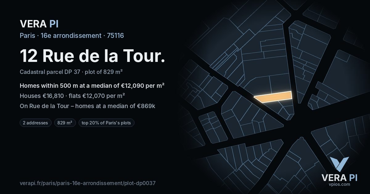 12 Rue de la Tour, 16e arrondissement at night – the plot lit, the parcels around coloured by the prices near them