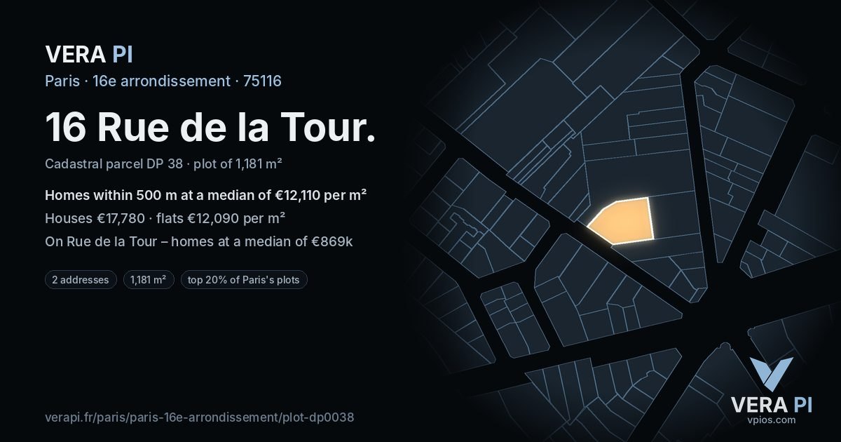 16 Rue de la Tour, 16e arrondissement at night – the plot lit, the parcels around coloured by the prices near them