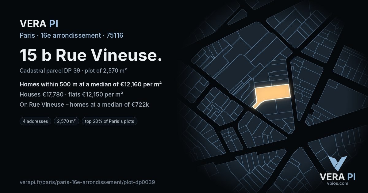 15 b Rue Vineuse, 16e arrondissement at night – the plot lit, the parcels around coloured by the prices near them