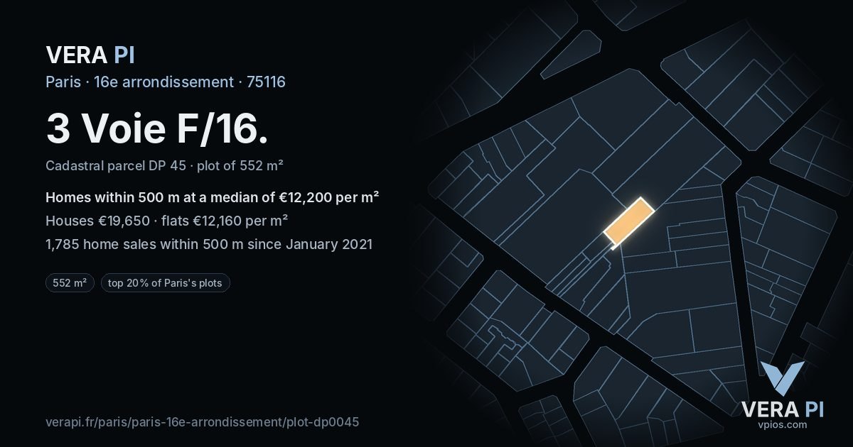 3 Voie F/16, 16e arrondissement at night – the plot lit, the parcels around coloured by the prices near them
