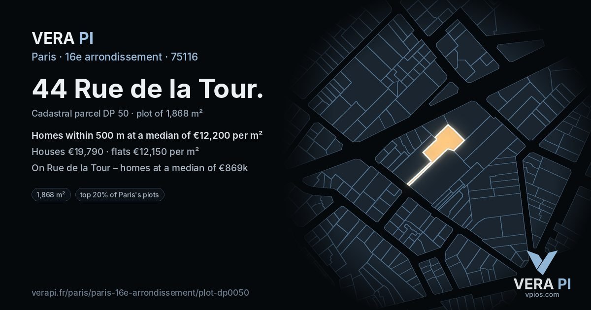 44 Rue de la Tour, 16e arrondissement at night – the plot lit, the parcels around coloured by the prices near them