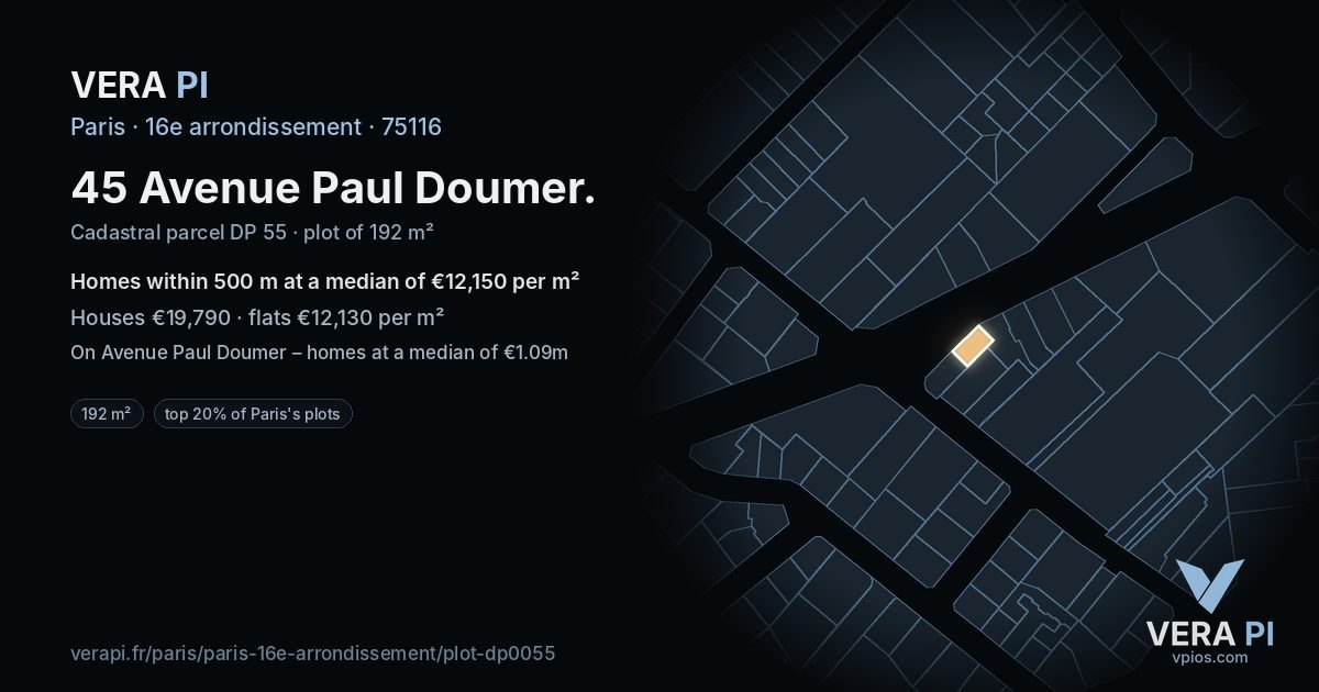 45 Avenue Paul Doumer, 16e arrondissement at night – the plot lit, the parcels around coloured by the prices near them
