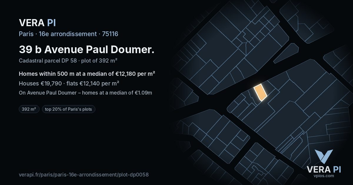 39 b Avenue Paul Doumer, 16e arrondissement at night – the plot lit, the parcels around coloured by the prices near them