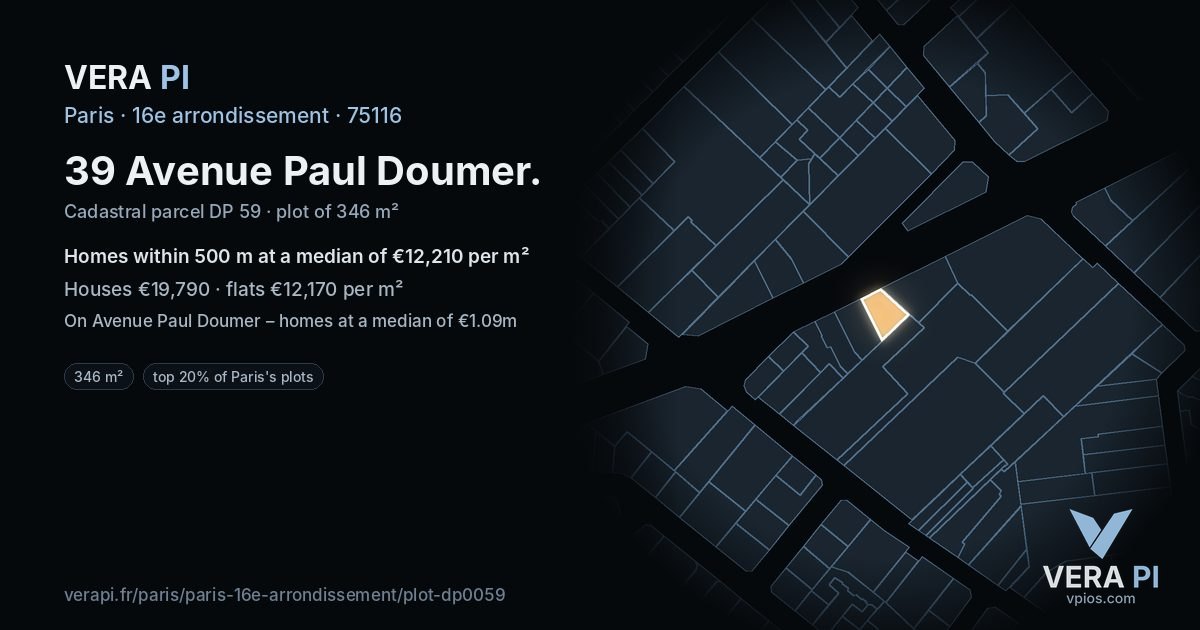 39 Avenue Paul Doumer, 16e arrondissement at night – the plot lit, the parcels around coloured by the prices near them