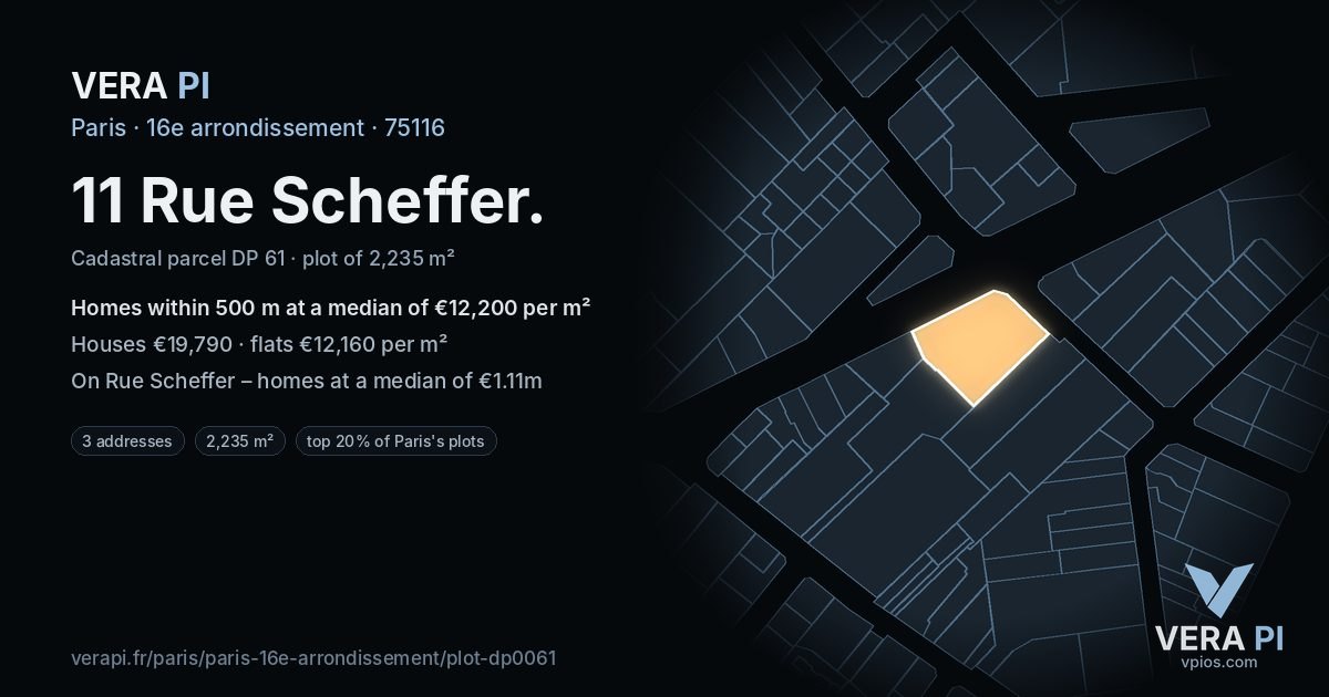 11 Rue Scheffer, 16e arrondissement at night – the plot lit, the parcels around coloured by the prices near them