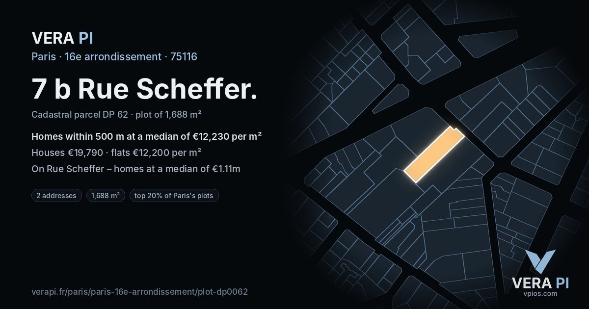 7 b Rue Scheffer, 16e arrondissement at night – the plot lit, the parcels around coloured by the prices near them
