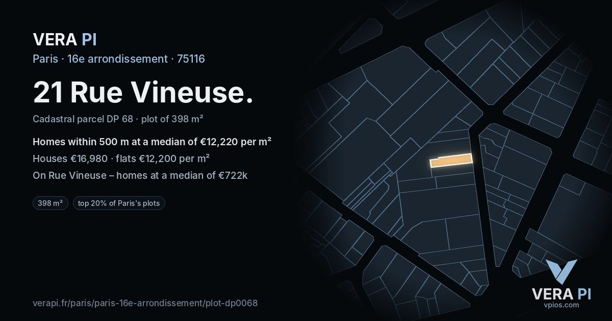 21 Rue Vineuse, 16e arrondissement at night – the plot lit, the parcels around coloured by the prices near them