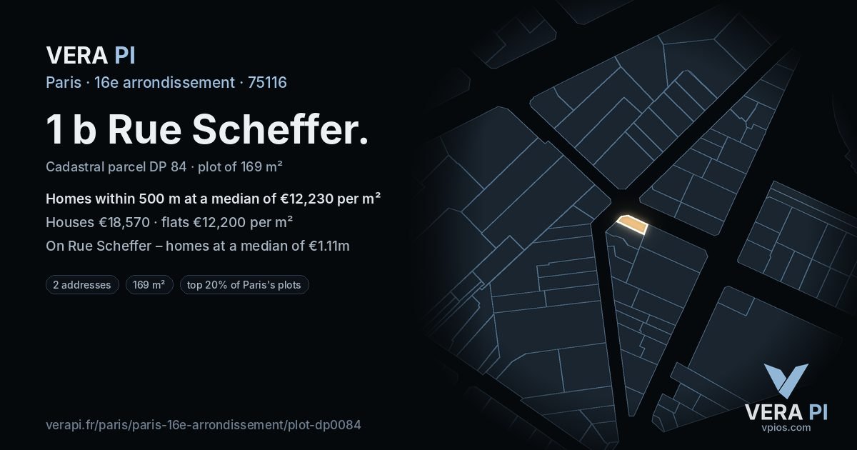 1 b Rue Scheffer, 16e arrondissement at night – the plot lit, the parcels around coloured by the prices near them