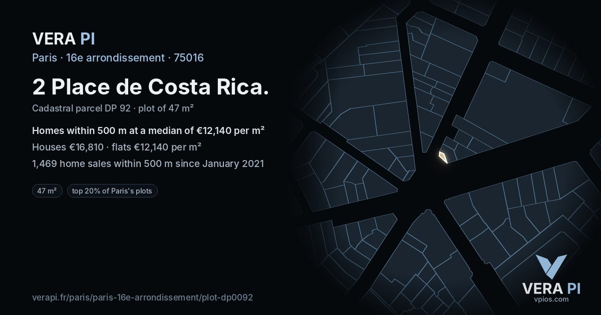 2 Place de Costa Rica, 16e arrondissement at night – the plot lit, the parcels around coloured by the prices near them