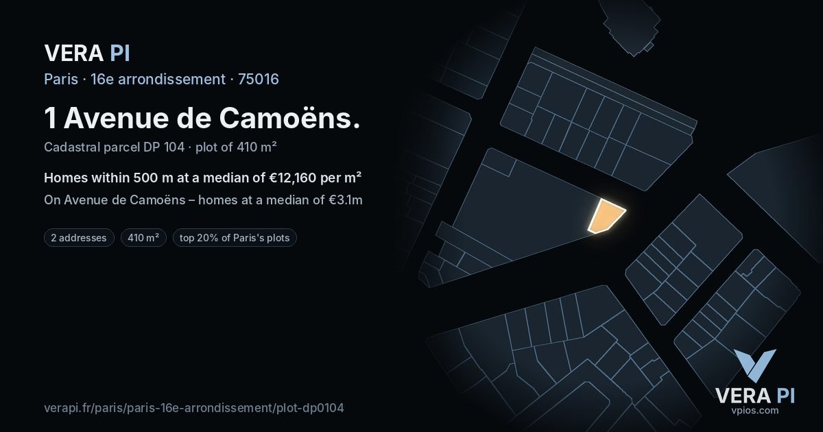 1 Avenue de Camoëns, 16e arrondissement at night – the plot lit, the parcels around coloured by the prices near them