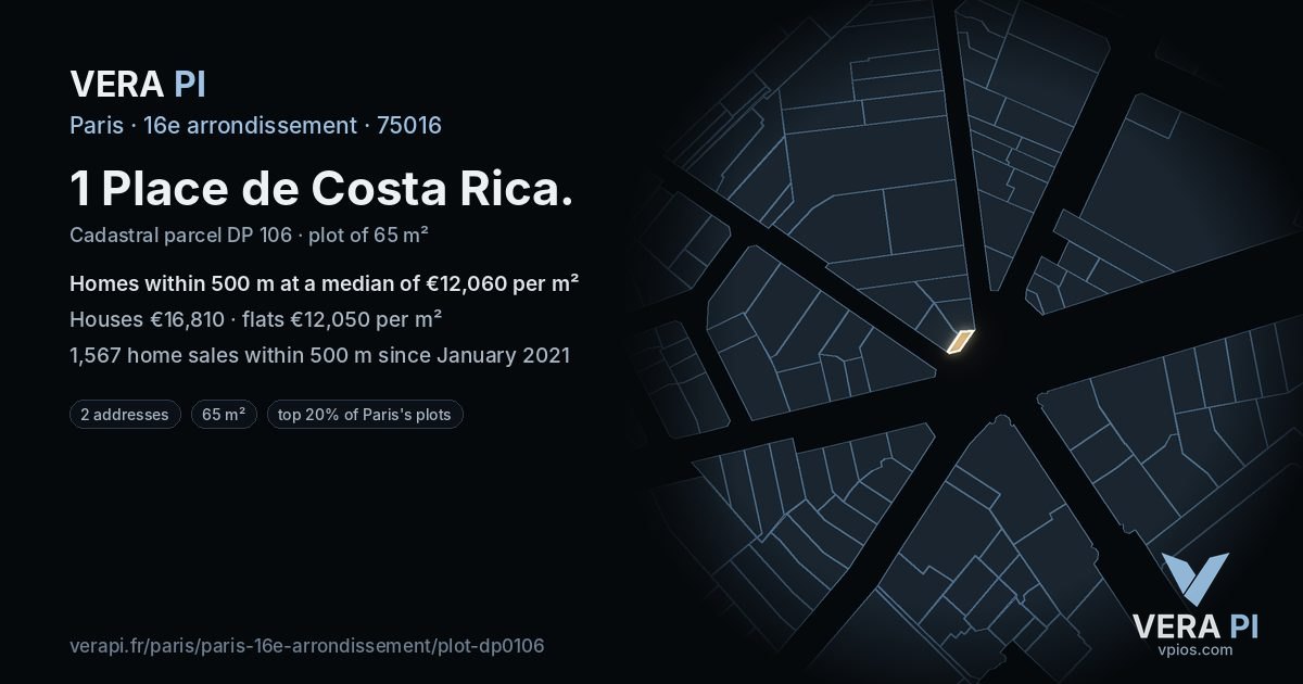 1 Place de Costa Rica, 16e arrondissement at night – the plot lit, the parcels around coloured by the prices near them