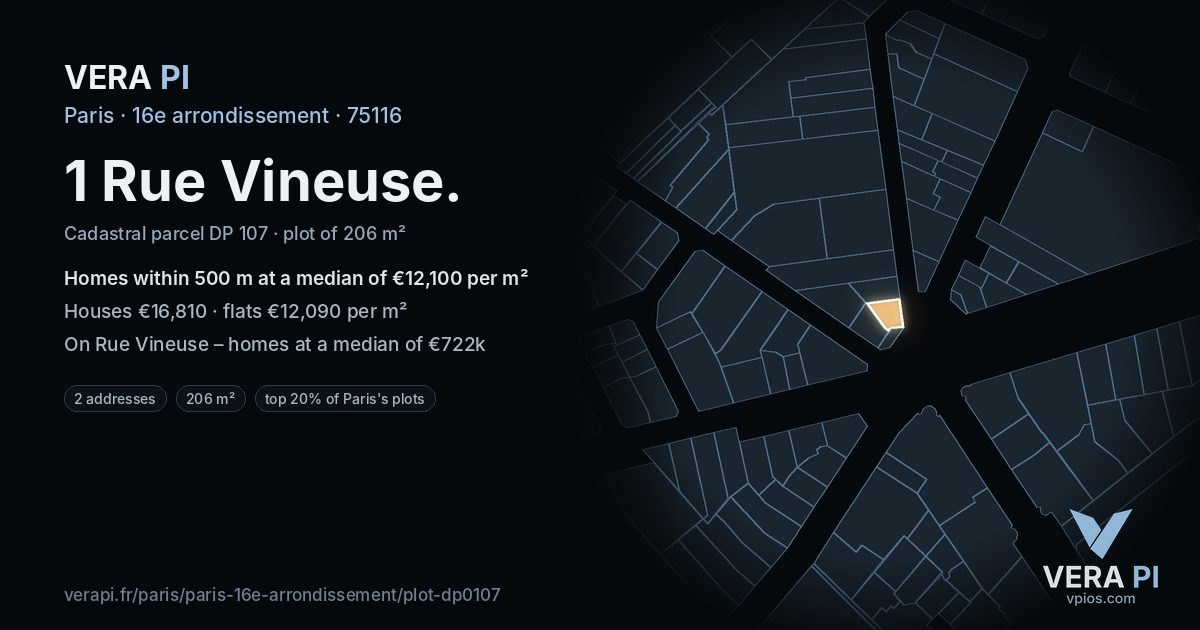 1 Rue Vineuse, 16e arrondissement at night – the plot lit, the parcels around coloured by the prices near them