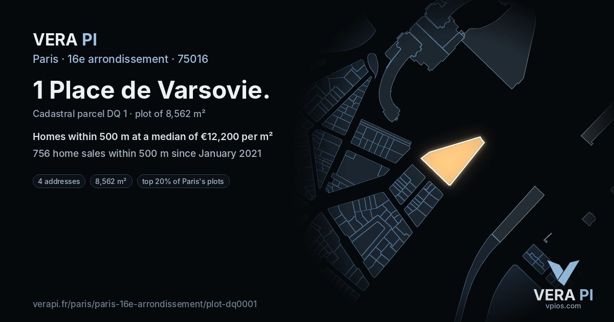 1 Place de Varsovie, 16e arrondissement at night – the plot lit, the parcels around coloured by the prices near them