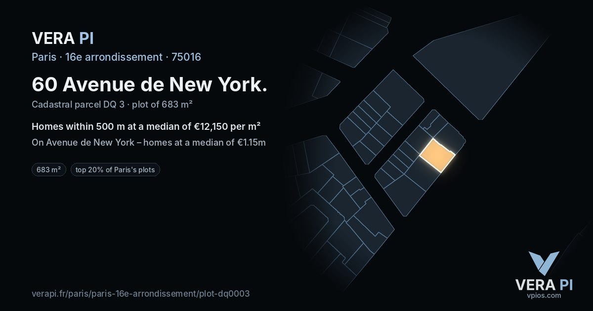 60 Avenue de New York, 16e arrondissement at night – the plot lit, the parcels around coloured by the prices near them