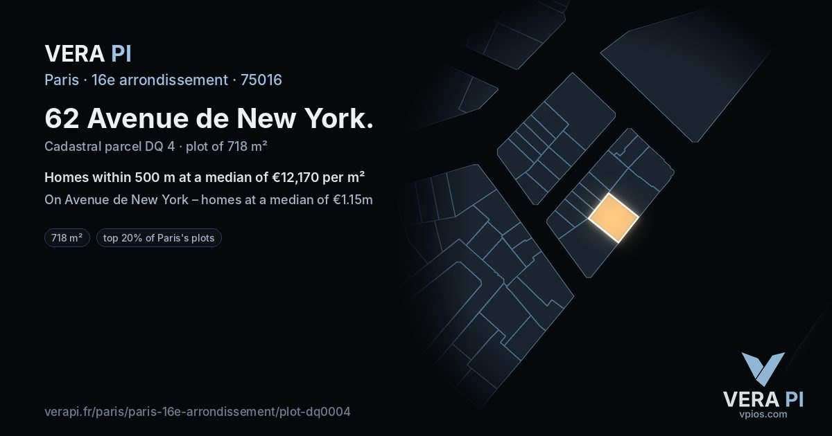 62 Avenue de New York, 16e arrondissement at night – the plot lit, the parcels around coloured by the prices near them