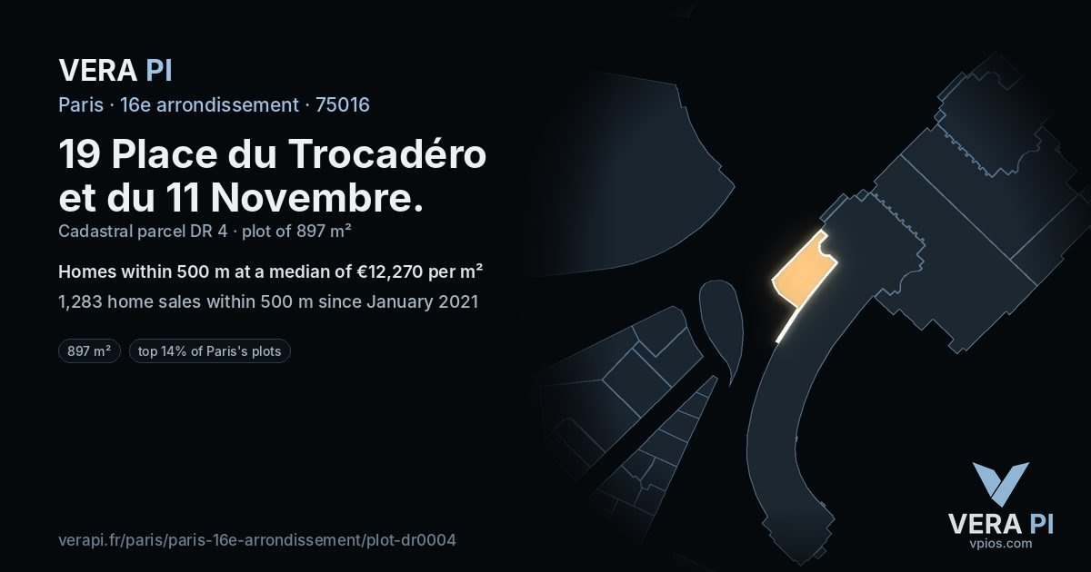 19 Place du Trocadéro et du 11 Novembre, 16e arrondissement at night – the plot lit, the parcels around coloured by the prices near them