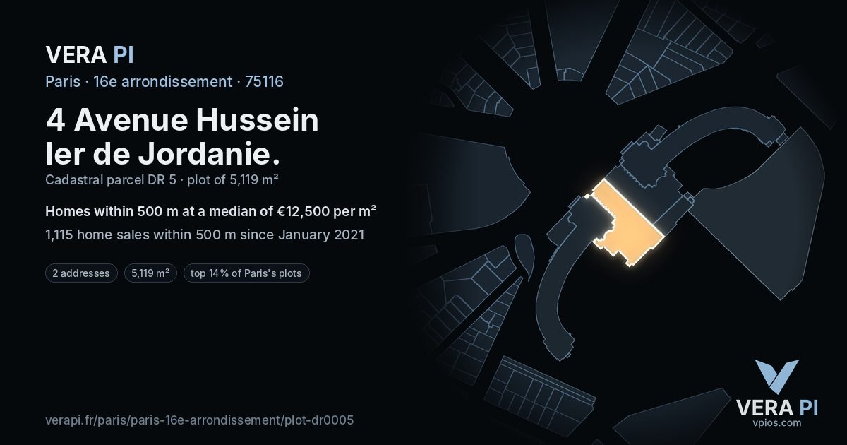 4 Avenue Hussein Ier de Jordanie, 16e arrondissement at night – the plot lit, the parcels around coloured by the prices near them
