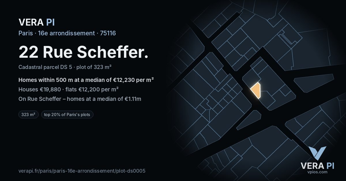 22 Rue Scheffer, 16e arrondissement at night – the plot lit, the parcels around coloured by the prices near them