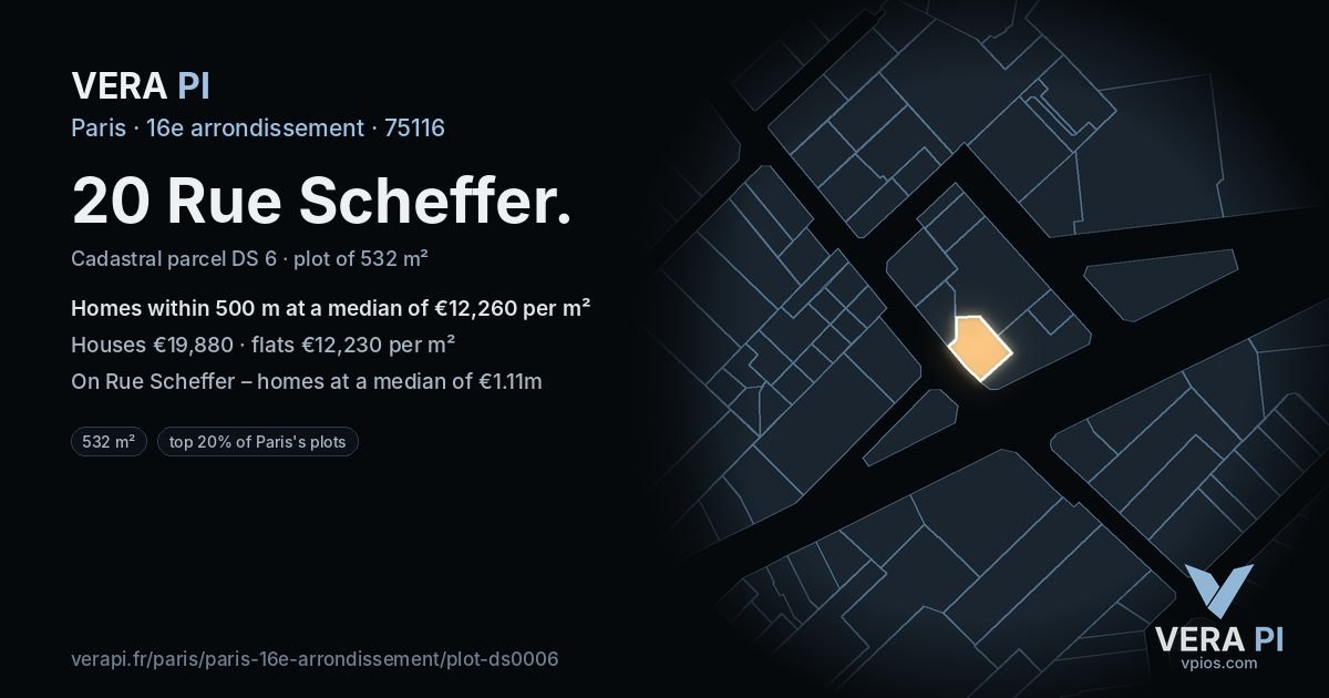 20 Rue Scheffer, 16e arrondissement at night – the plot lit, the parcels around coloured by the prices near them