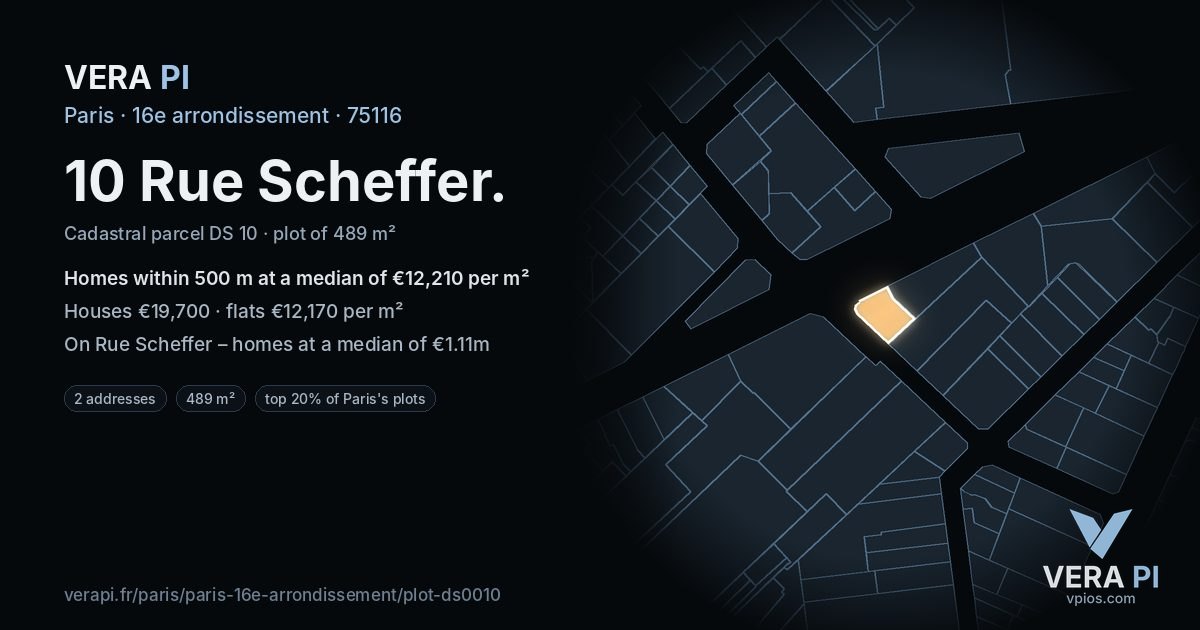 10 Rue Scheffer, 16e arrondissement at night – the plot lit, the parcels around coloured by the prices near them