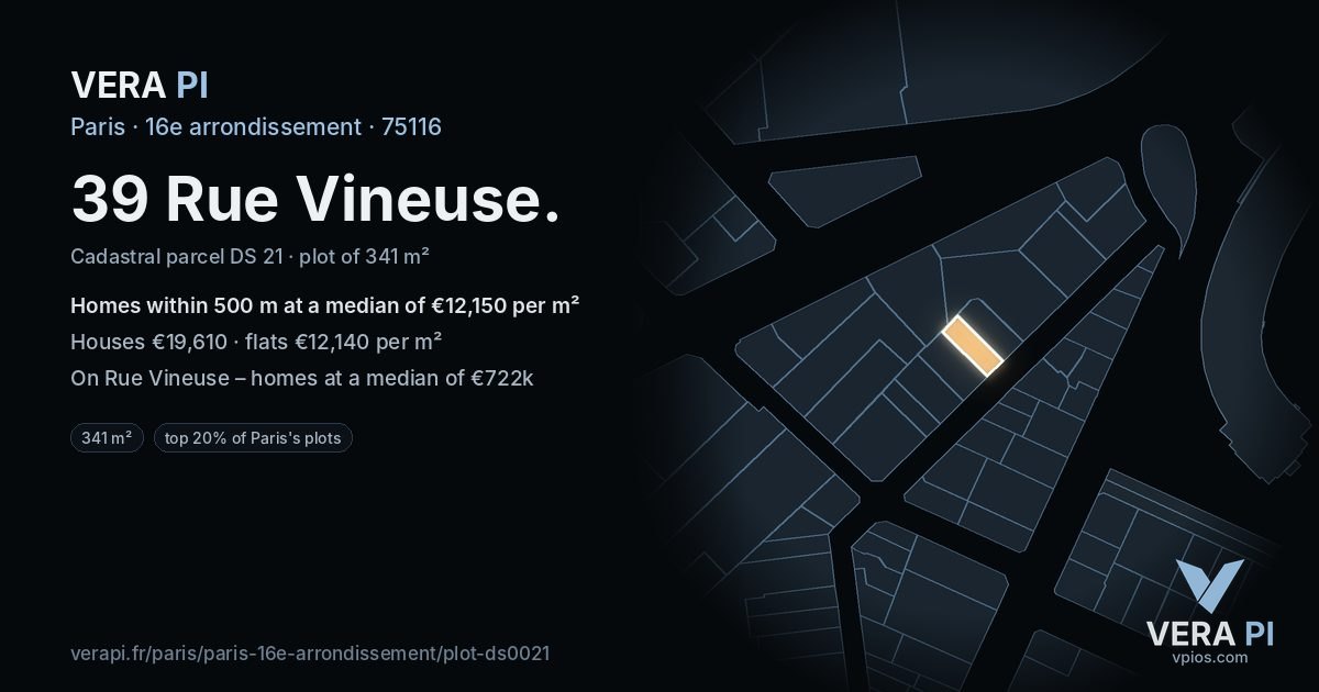 39 Rue Vineuse, 16e arrondissement at night – the plot lit, the parcels around coloured by the prices near them