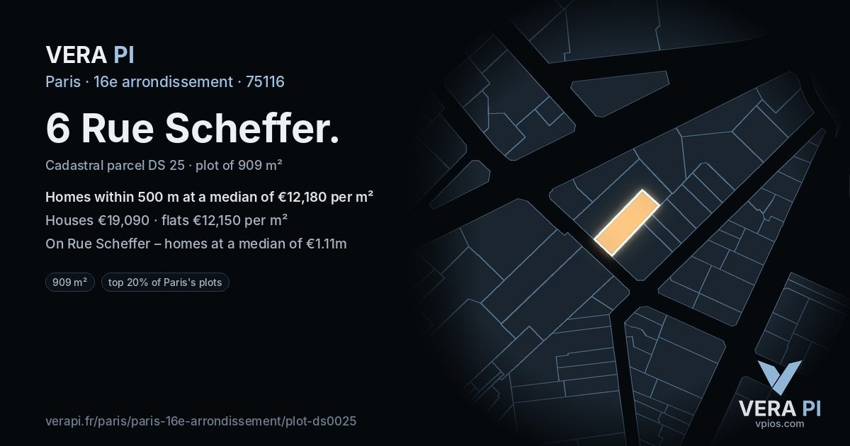 6 Rue Scheffer, 16e arrondissement at night – the plot lit, the parcels around coloured by the prices near them