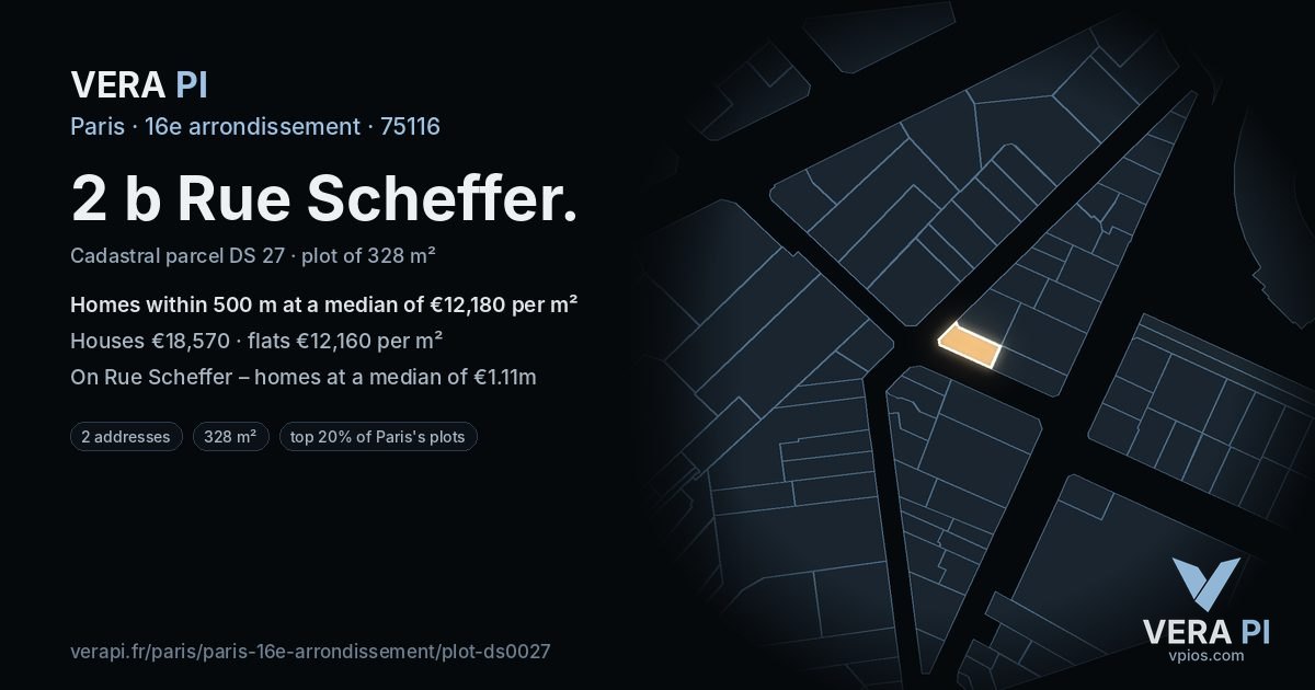 2 b Rue Scheffer, 16e arrondissement at night – the plot lit, the parcels around coloured by the prices near them