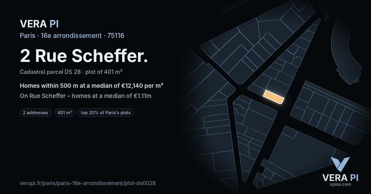2 Rue Scheffer, 16e arrondissement at night – the plot lit, the parcels around coloured by the prices near them