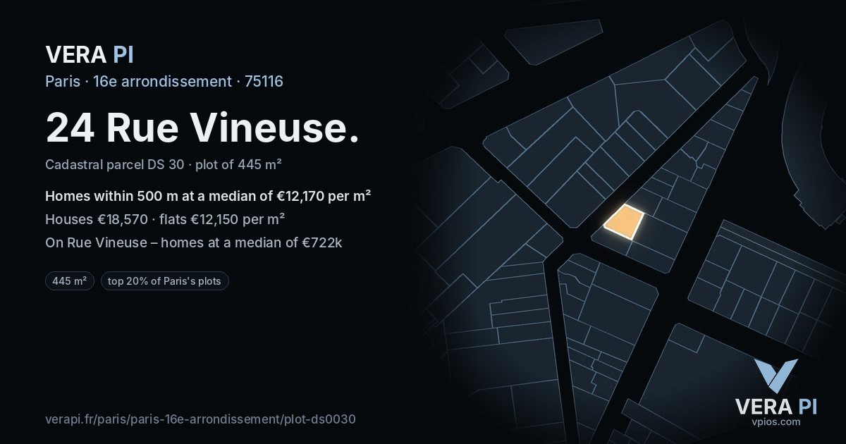 24 Rue Vineuse, 16e arrondissement at night – the plot lit, the parcels around coloured by the prices near them