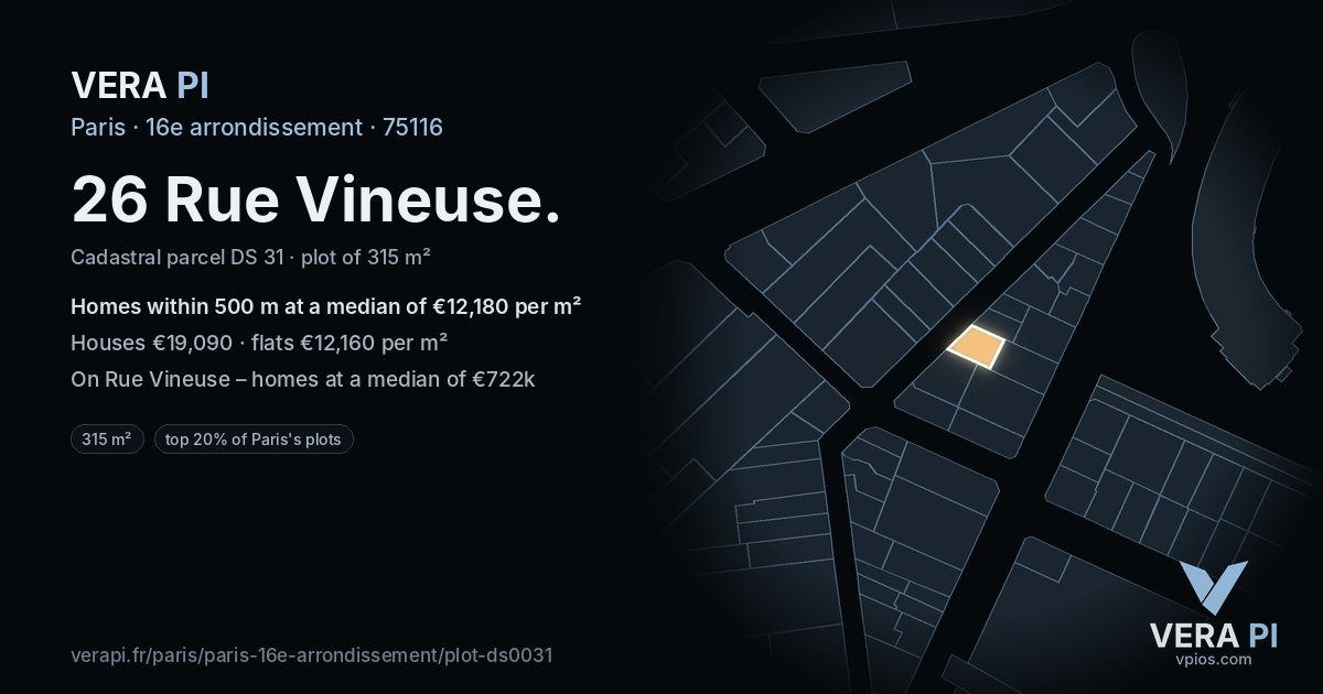 26 Rue Vineuse, 16e arrondissement at night – the plot lit, the parcels around coloured by the prices near them