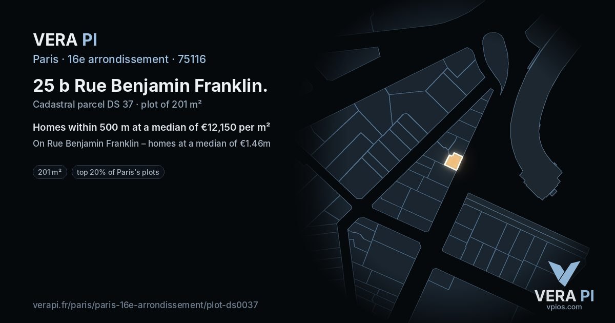 25 b Rue Benjamin Franklin, 16e arrondissement at night – the plot lit, the parcels around coloured by the prices near them