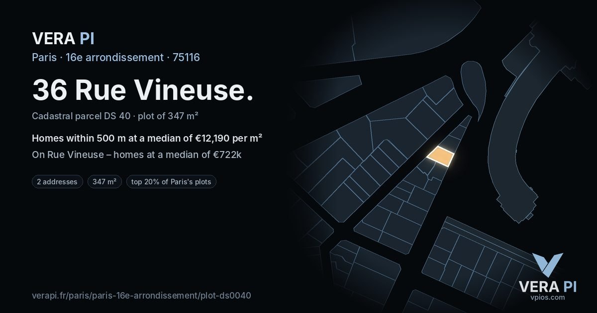 36 Rue Vineuse, 16e arrondissement at night – the plot lit, the parcels around coloured by the prices near them