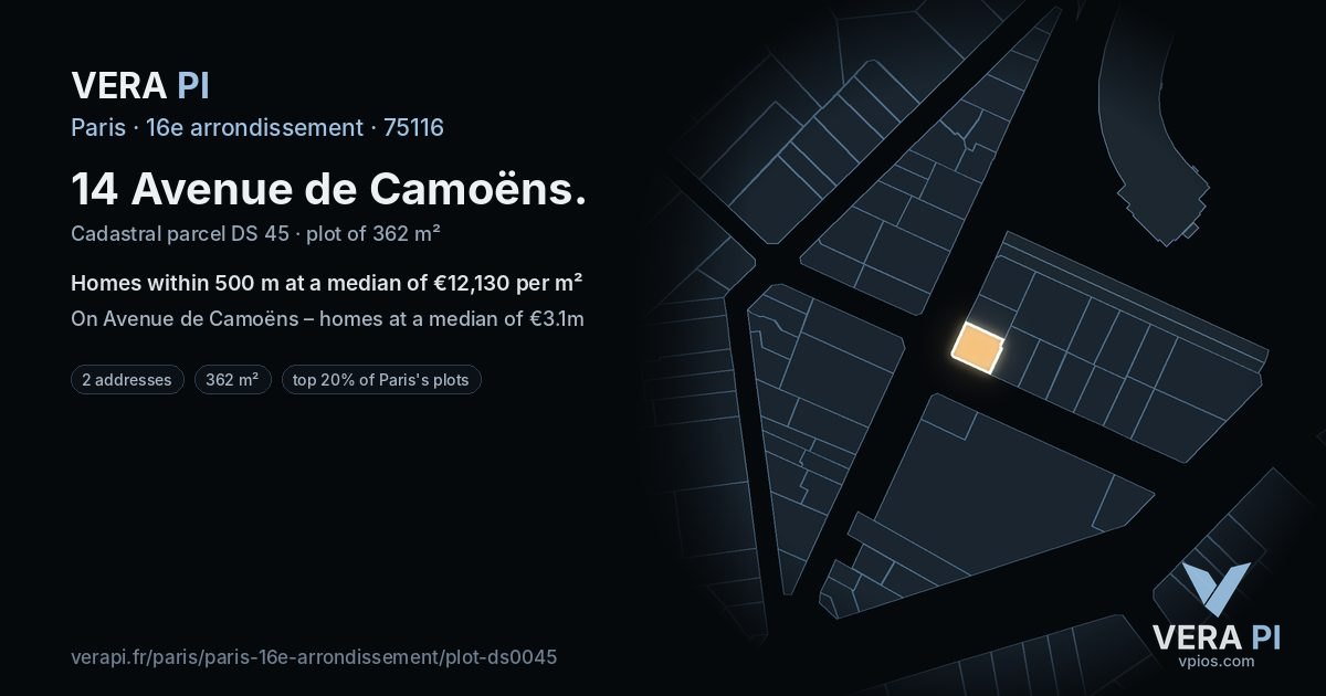 14 Avenue de Camoëns, 16e arrondissement at night – the plot lit, the parcels around coloured by the prices near them