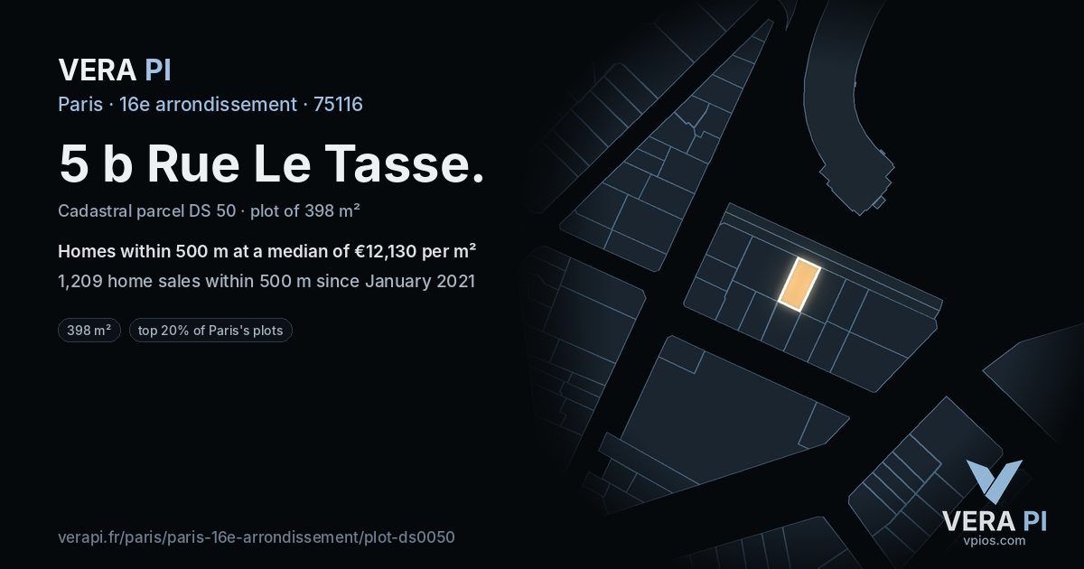 5 b Rue Le Tasse, 16e arrondissement at night – the plot lit, the parcels around coloured by the prices near them