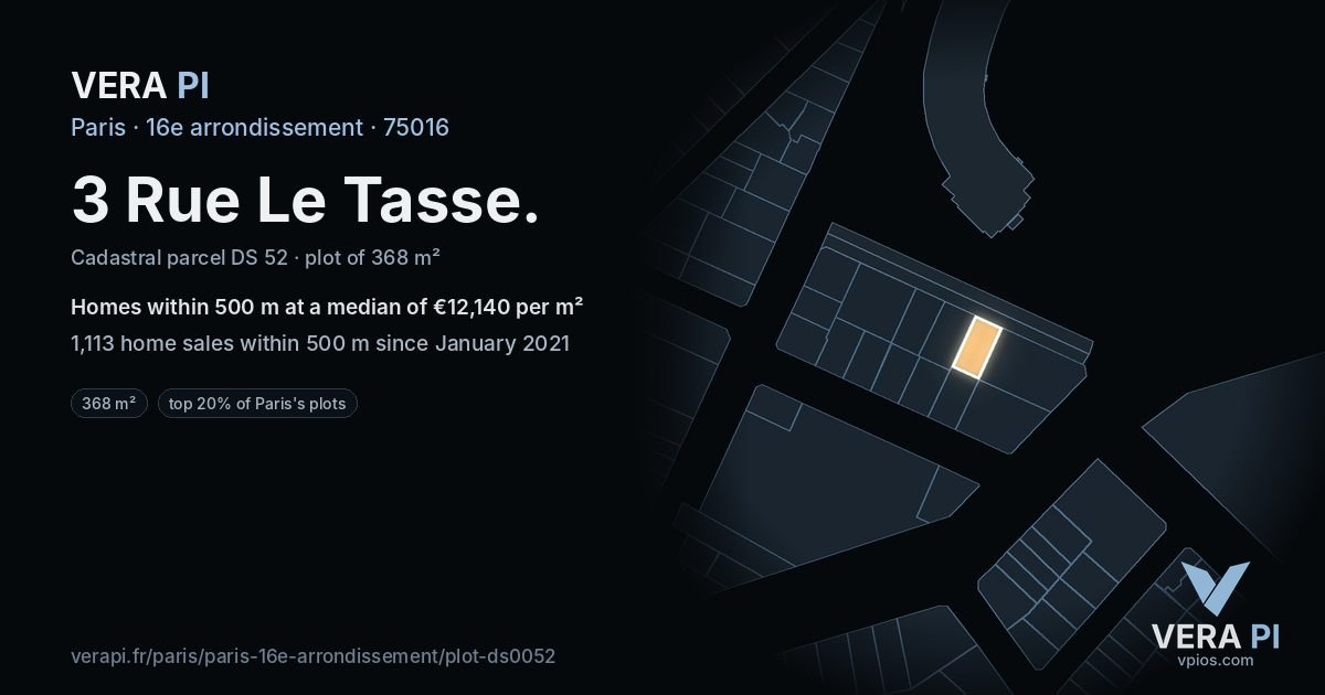 3 Rue Le Tasse, 16e arrondissement at night – the plot lit, the parcels around coloured by the prices near them