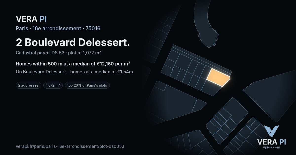 2 Boulevard Delessert, 16e arrondissement at night – the plot lit, the parcels around coloured by the prices near them