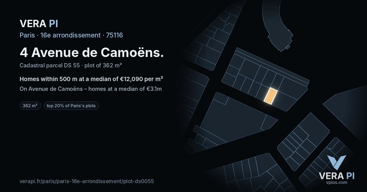 4 Avenue de Camoëns, 16e arrondissement at night – the plot lit, the parcels around coloured by the prices near them