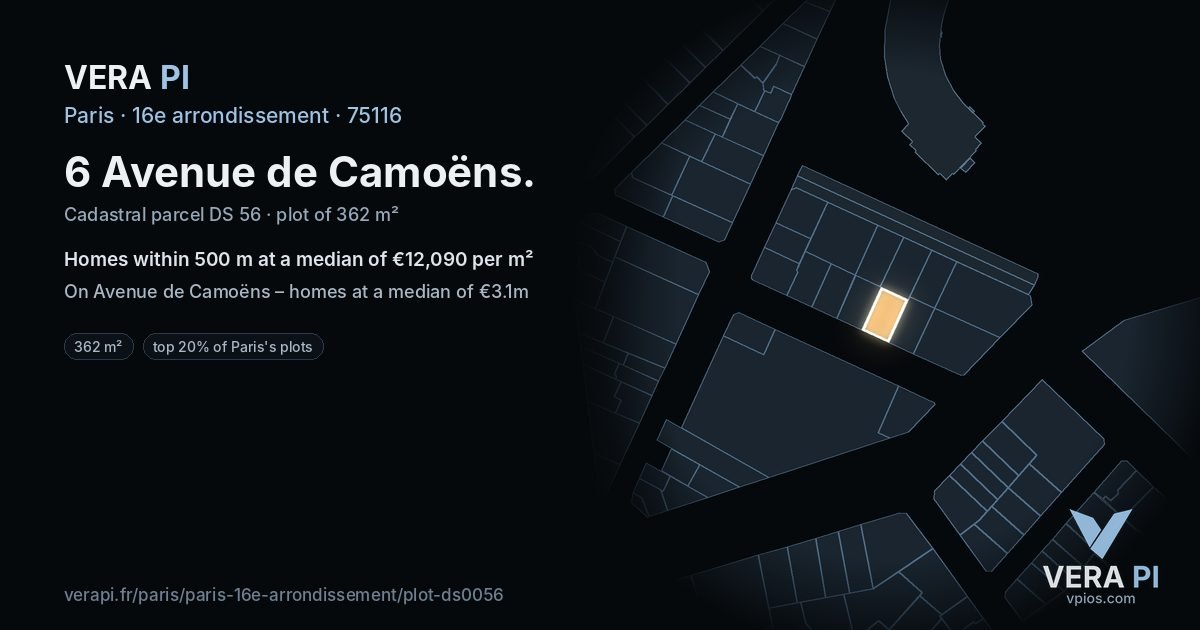 6 Avenue de Camoëns, 16e arrondissement at night – the plot lit, the parcels around coloured by the prices near them