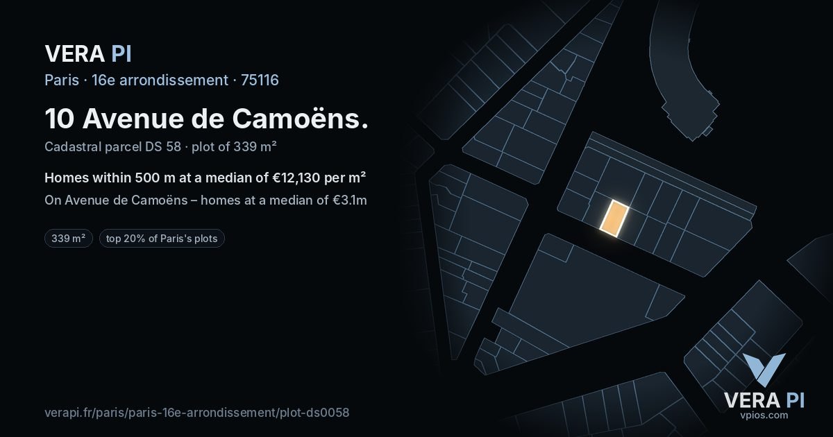 10 Avenue de Camoëns, 16e arrondissement at night – the plot lit, the parcels around coloured by the prices near them