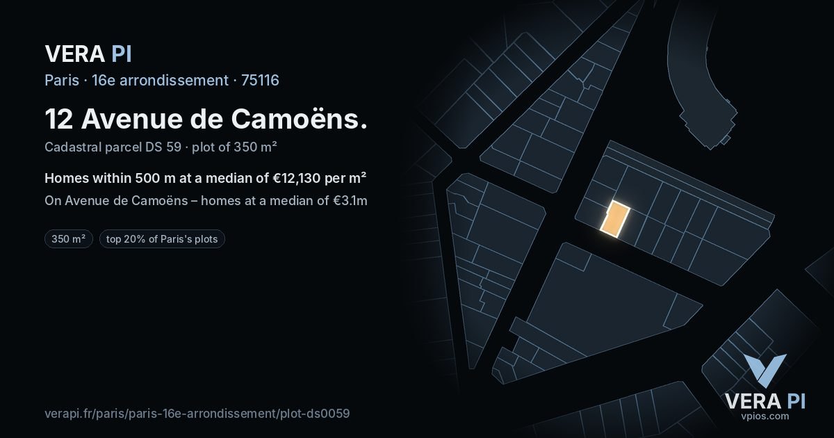 12 Avenue de Camoëns, 16e arrondissement at night – the plot lit, the parcels around coloured by the prices near them