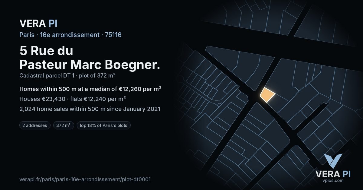 5 Rue du Pasteur Marc Boegner, 16e arrondissement at night – the plot lit, the parcels around coloured by the prices near them
