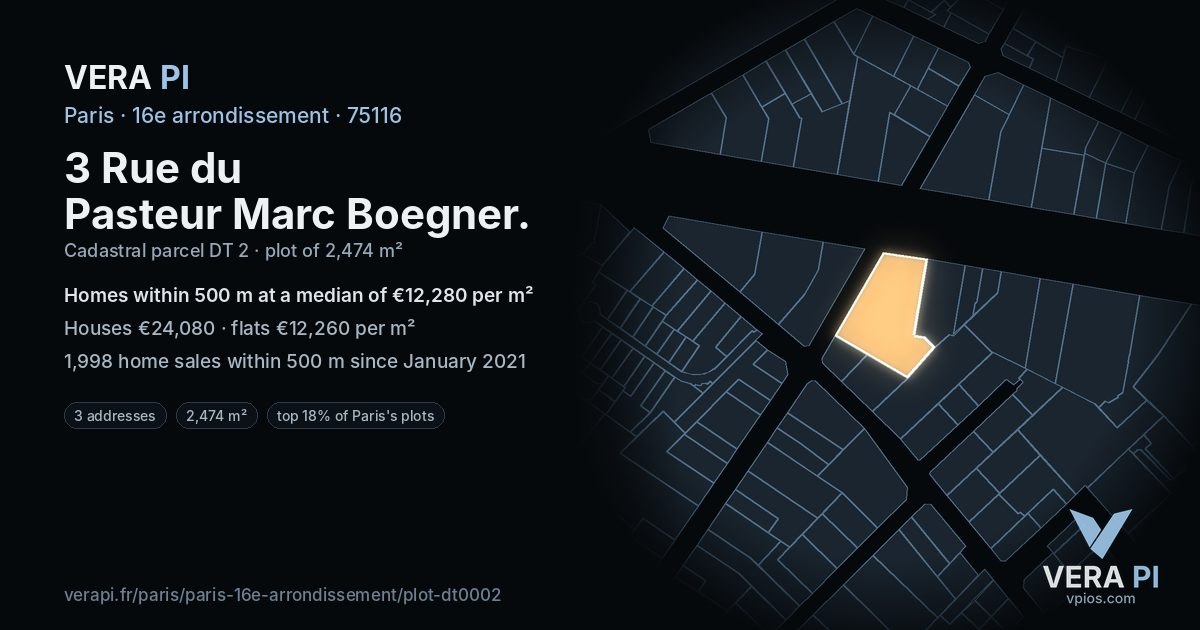 3 Rue du Pasteur Marc Boegner, 16e arrondissement at night – the plot lit, the parcels around coloured by the prices near them
