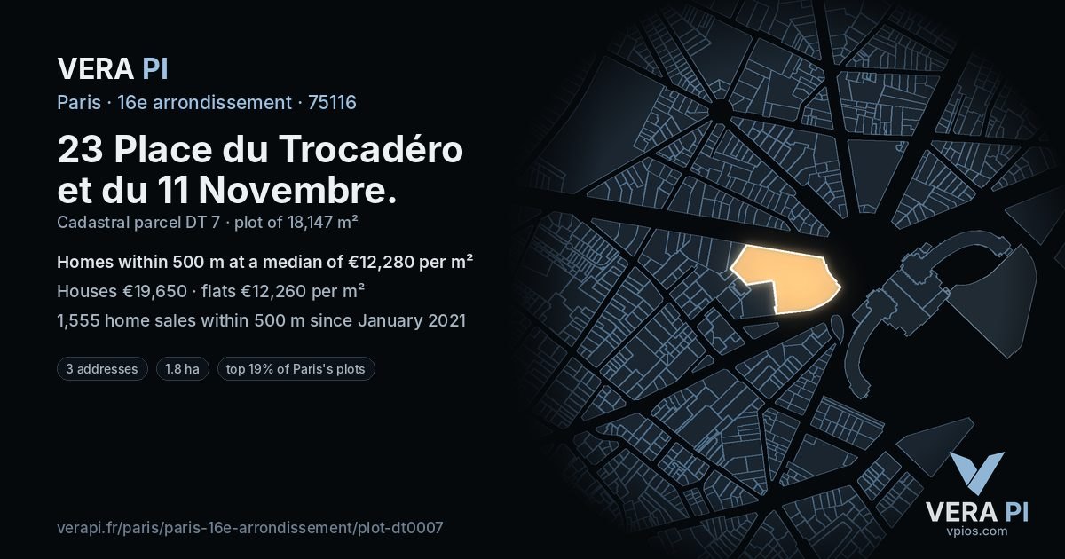 23 Place du Trocadéro et du 11 Novembre, 16e arrondissement at night – the plot lit, the parcels around coloured by the prices near them