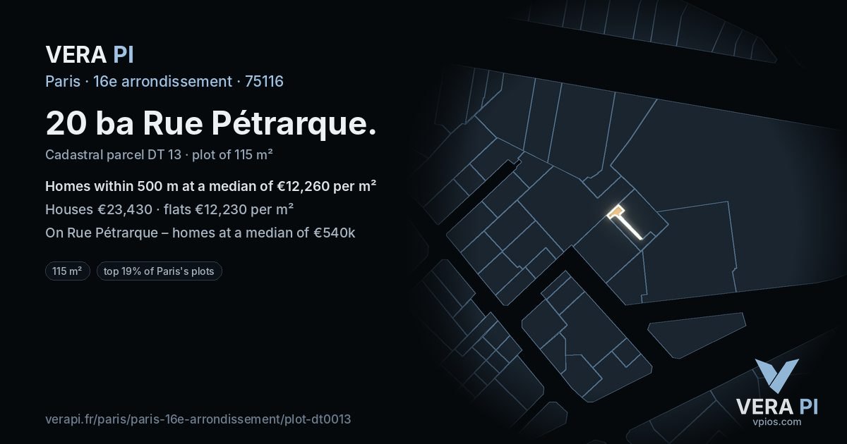 20 ba Rue Pétrarque, 16e arrondissement at night – the plot lit, the parcels around coloured by the prices near them