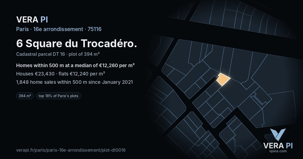 6 Square du Trocadéro, 16e arrondissement at night – the plot lit, the parcels around coloured by the prices near them