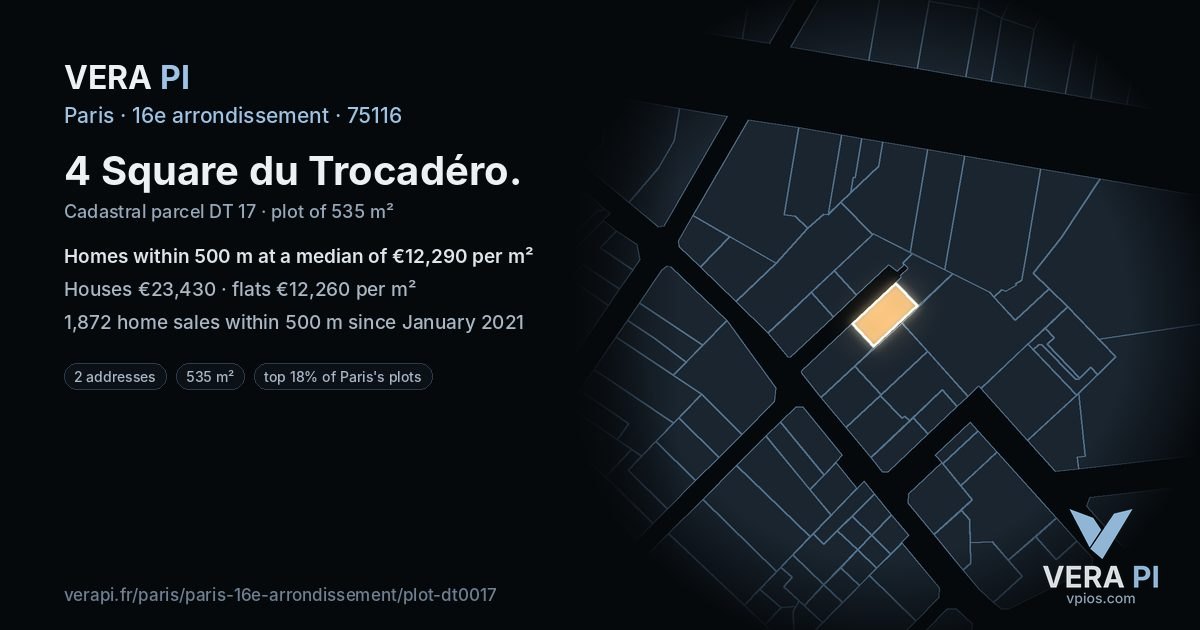 4 Square du Trocadéro, 16e arrondissement at night – the plot lit, the parcels around coloured by the prices near them