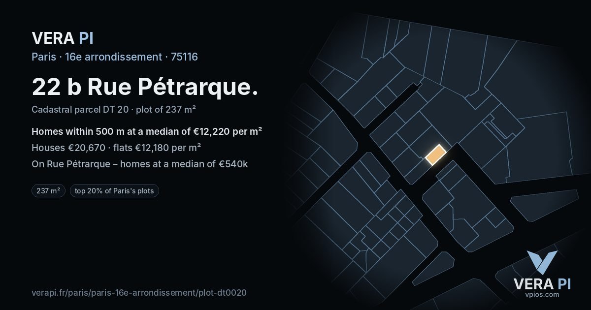 22 b Rue Pétrarque, 16e arrondissement at night – the plot lit, the parcels around coloured by the prices near them