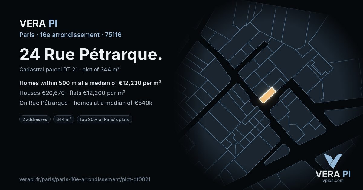 24 Rue Pétrarque, 16e arrondissement at night – the plot lit, the parcels around coloured by the prices near them