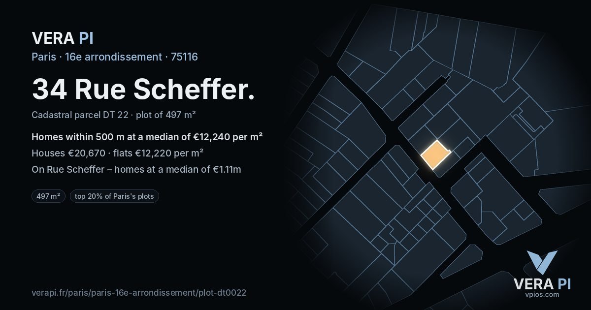 34 Rue Scheffer, 16e arrondissement at night – the plot lit, the parcels around coloured by the prices near them