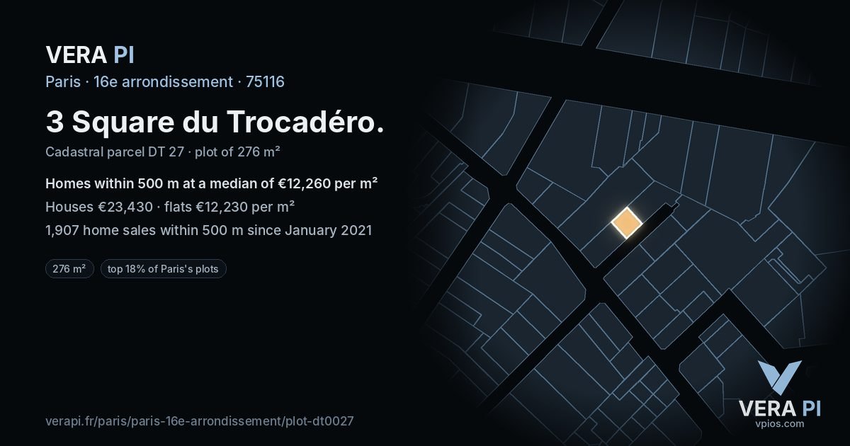 3 Square du Trocadéro, 16e arrondissement at night – the plot lit, the parcels around coloured by the prices near them